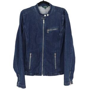 Lauren Ralph Lauren Women's Blue Denim Moto Jacket Size 16 Snap Collar Zip Front